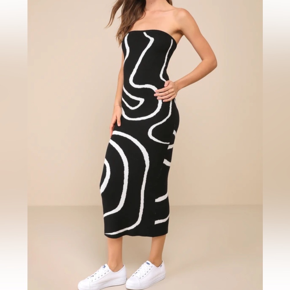 Lulus Peak Presence Black Abstract Print Strapless Sweater Midi Dress - Size L
